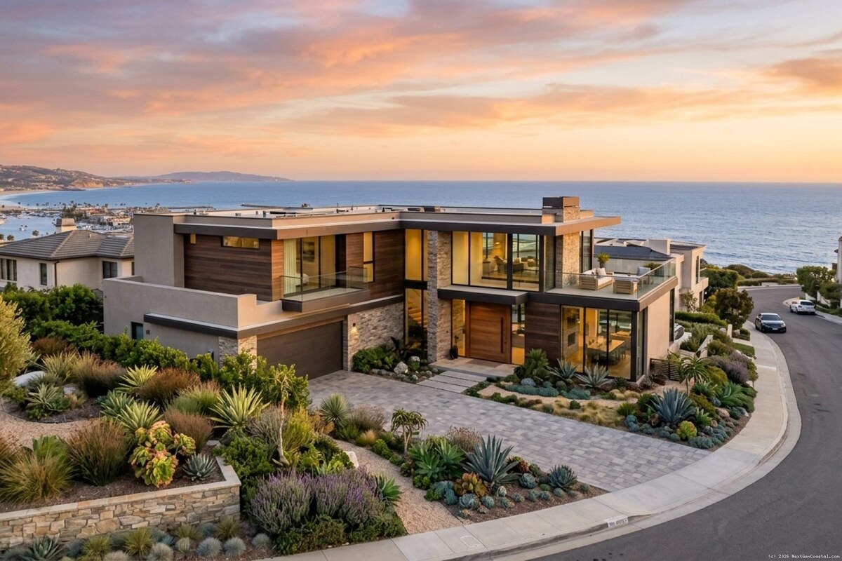 Modern coastal California single-family home with ocean views in Newport Beach, manicured landscaping, professional property
