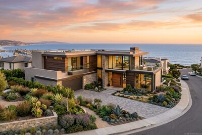 Modern coastal California single-family home with ocean views in Newport Beach, manicured landscaping, professional property