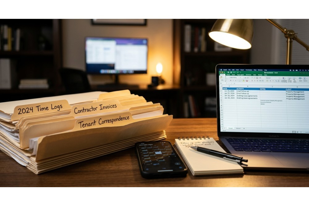 Organized home office with labeled file folders, laptop, and tax documents on desk