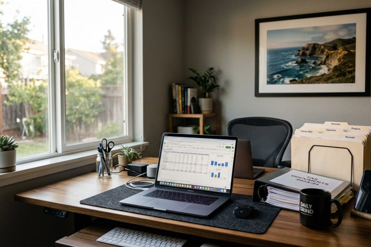 Modern suburban California home office with organized tax documents, laptop displaying spreadsheet, and filing system