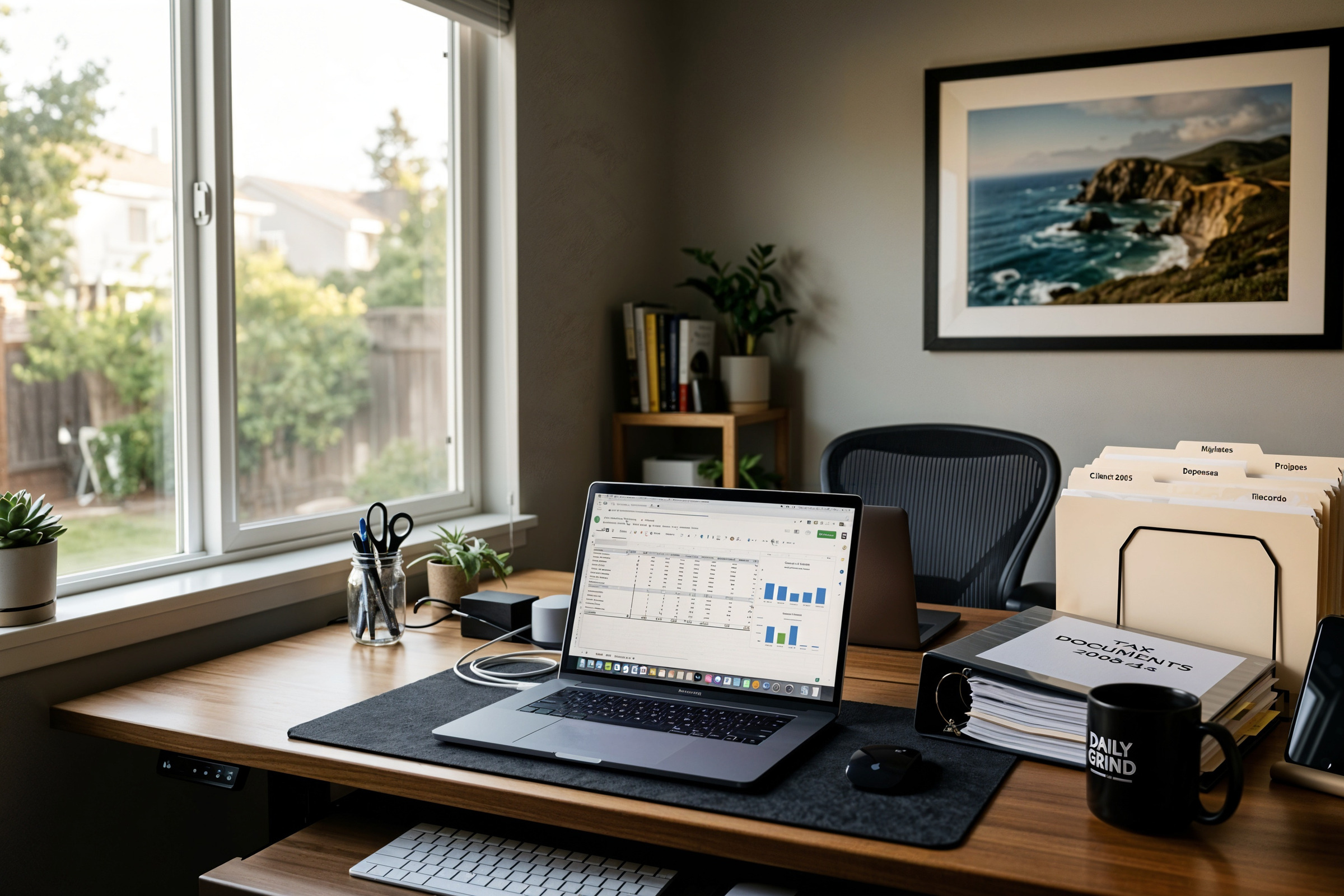 Modern suburban California home office with organized tax documents, laptop displaying spreadsheet, and filing system