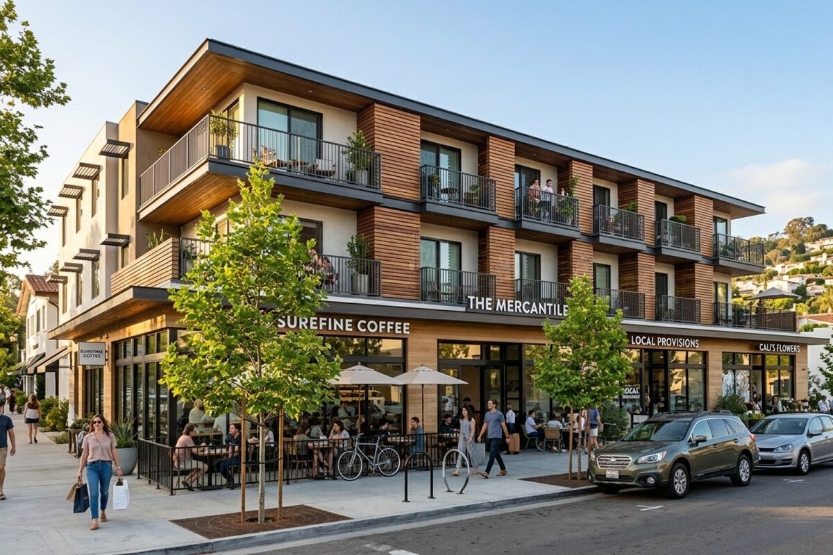 Modern three-story mixed-use building in a revitalizing urban corridor in coastal California