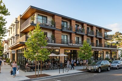 Modern three-story mixed-use building in a revitalizing urban corridor in coastal California