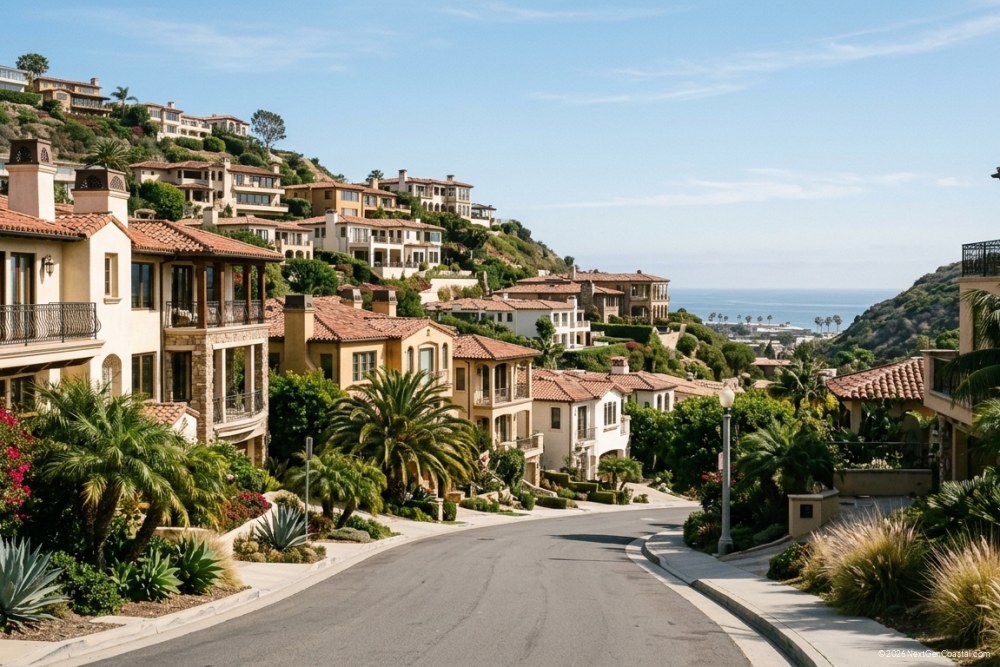 Hillside homes in Laguna Beach with partial ocean views through the canyon