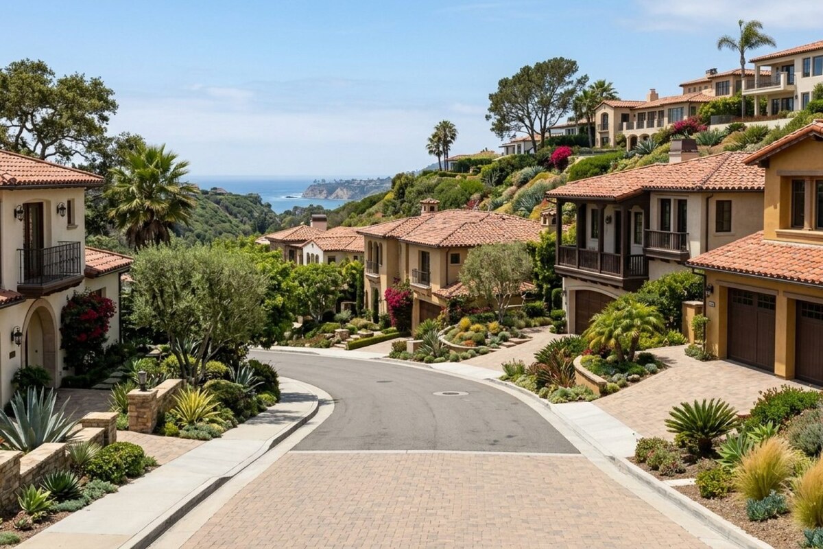 Hillside residential street in Laguna Beach with Spanish-style homes, manicured landscaping, and distant partial ocean