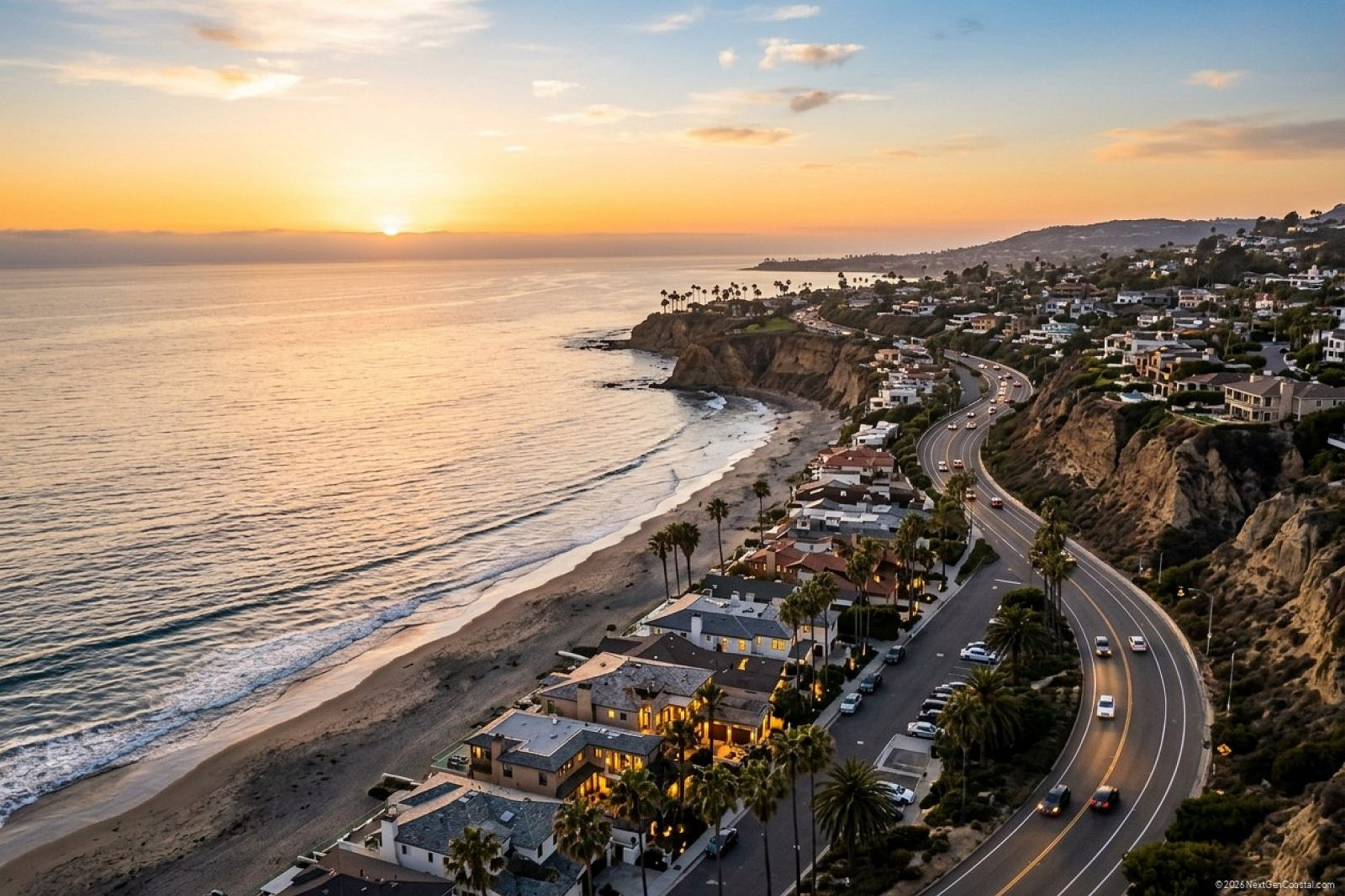 High-altitude aerial view of the Orange County coastline at sunset, Pacific Coast Highway curving along the bluffs