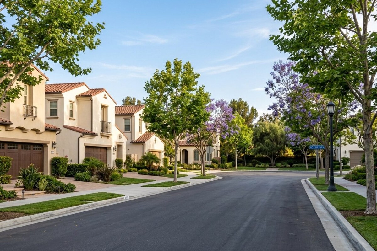 Tree-lined Newport Beach street with single-family rental homes