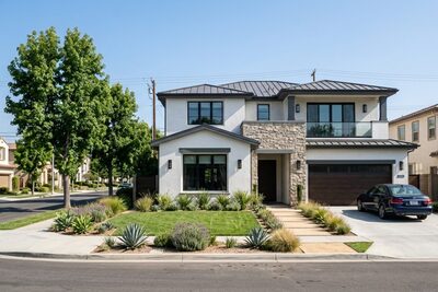 Modern two-story coastal California single-family home on a tree-lined residential street in Orange County, white