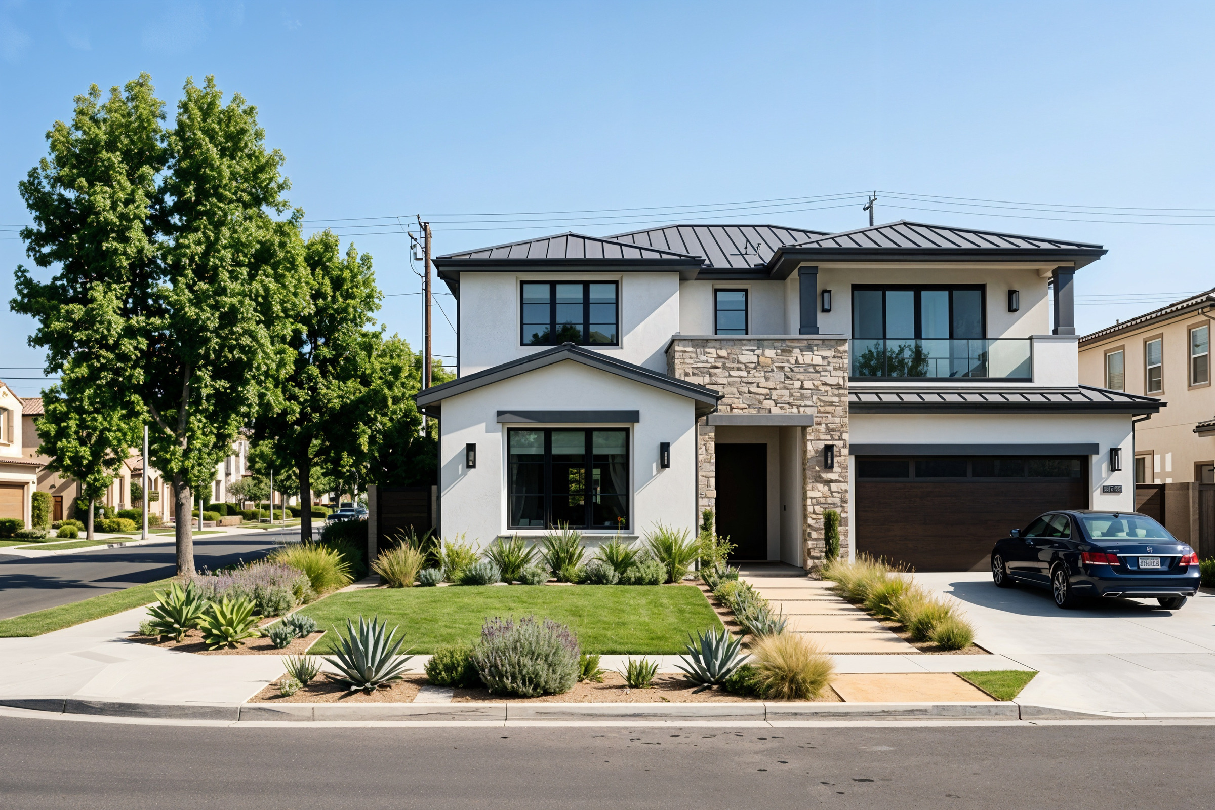 Modern two-story coastal California single-family home on a tree-lined residential street in Orange County, white