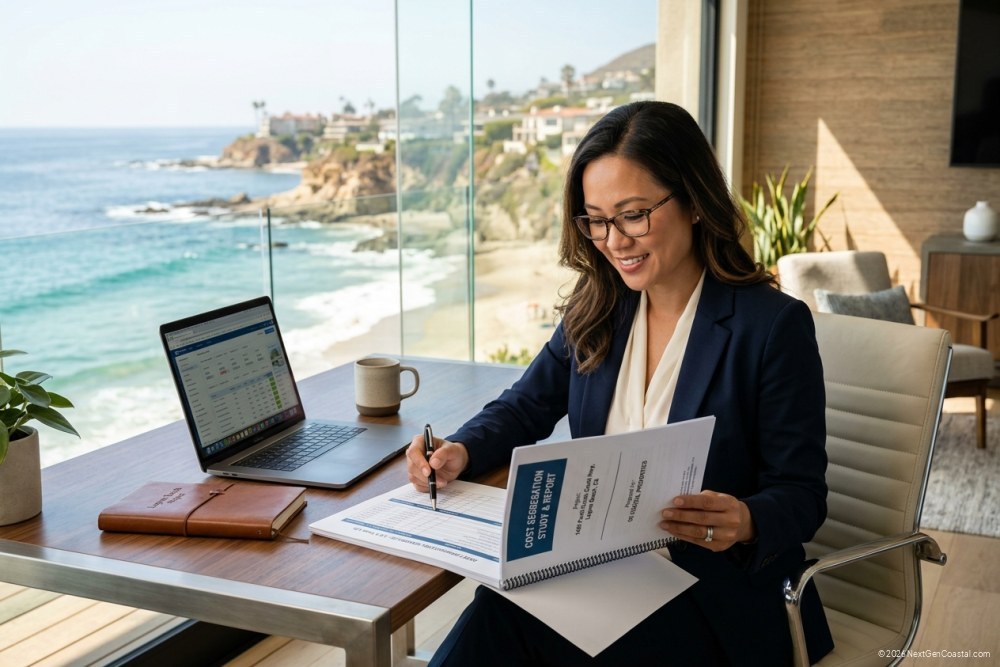 Property manager reviewing cost segregation report at modern desk