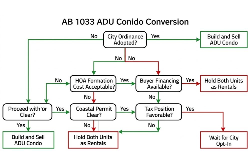 Clean technical illustration of AB 1033 ADU condo conversion decision flowchart with labeled decision points and outcome paths