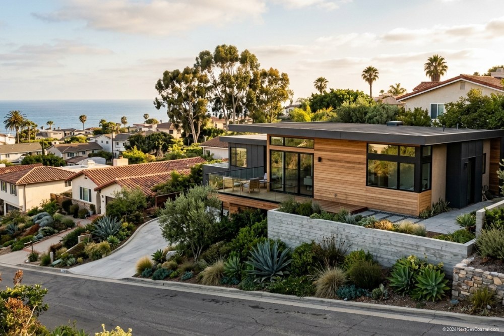 Modern detached ADU on a hillside lot with partial distant ocean view, suburban California, no beachfront, afternoon light