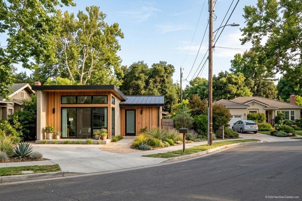 Detached ADU on a suburban California residential street, tree-lined cul-de-sac, no ocean visible, afternoon light