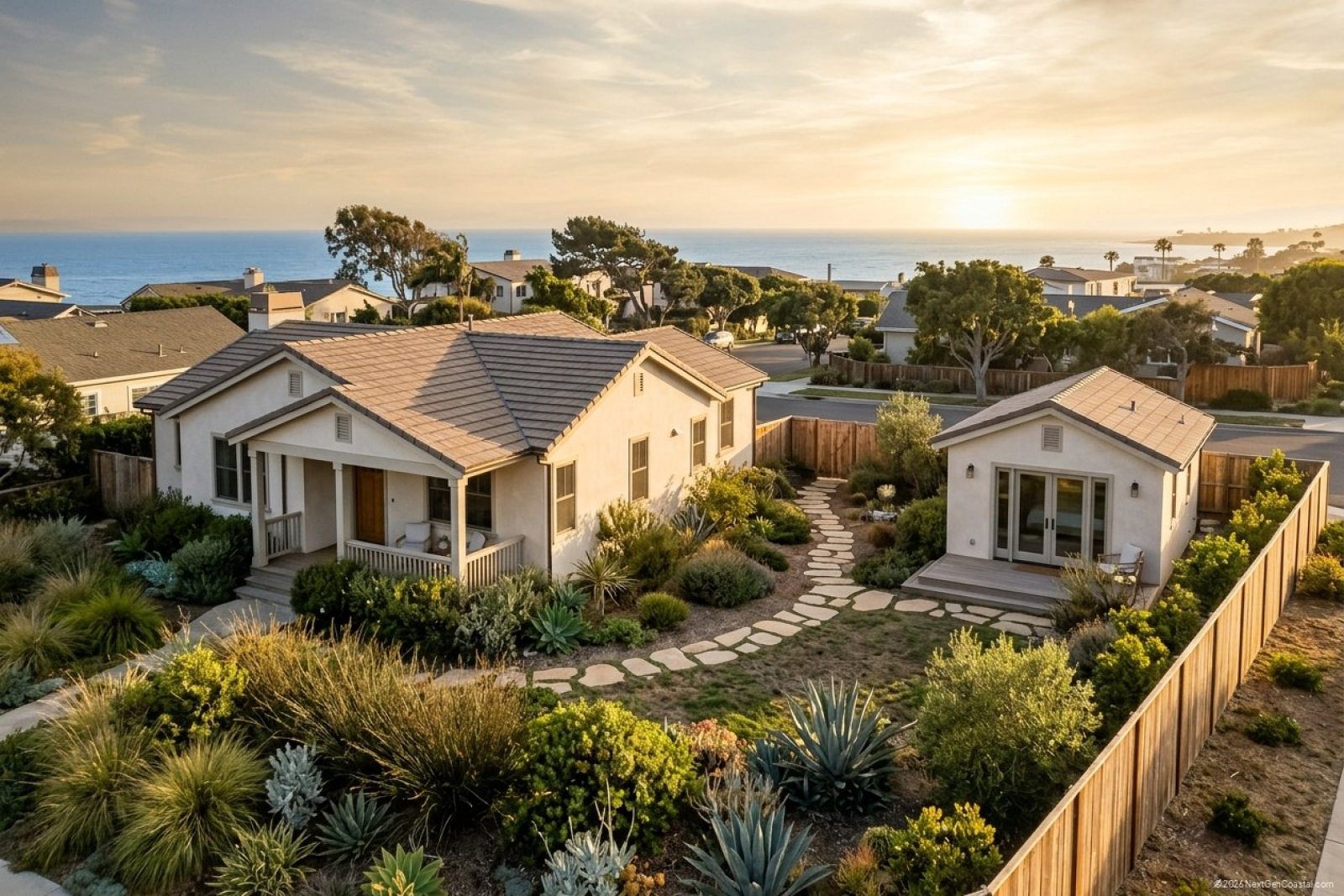 Wide editorial photograph of a coastal Orange County single-family parcel at golden hour: the primary home in the foreground left, a separate small detached ADU at the back-right of the lot connected by a stepping-stone path. Mature drought-tolerant landscaping, fence line, late-afternoon Pacific light, soft shadows, calm contemplative mood.