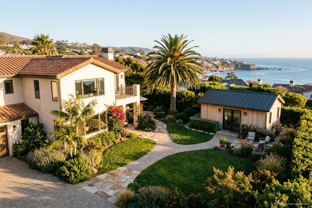 High-angle three-quarter exterior view of a coastal residential parcel showing both a primary house and a smaller detached structure in the back yard, with a paved walkway connecting them. Daylight, palm trees, low coastal hedges, no street signs, no text.