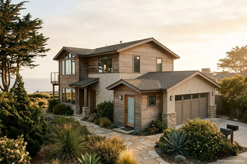 Three-quarter exterior of a contemporary coastal single-family home with a small attached accessory unit built off the side garage, distinguished by its own front door and small window. Warm afternoon coastal light, mature plantings, no signage.