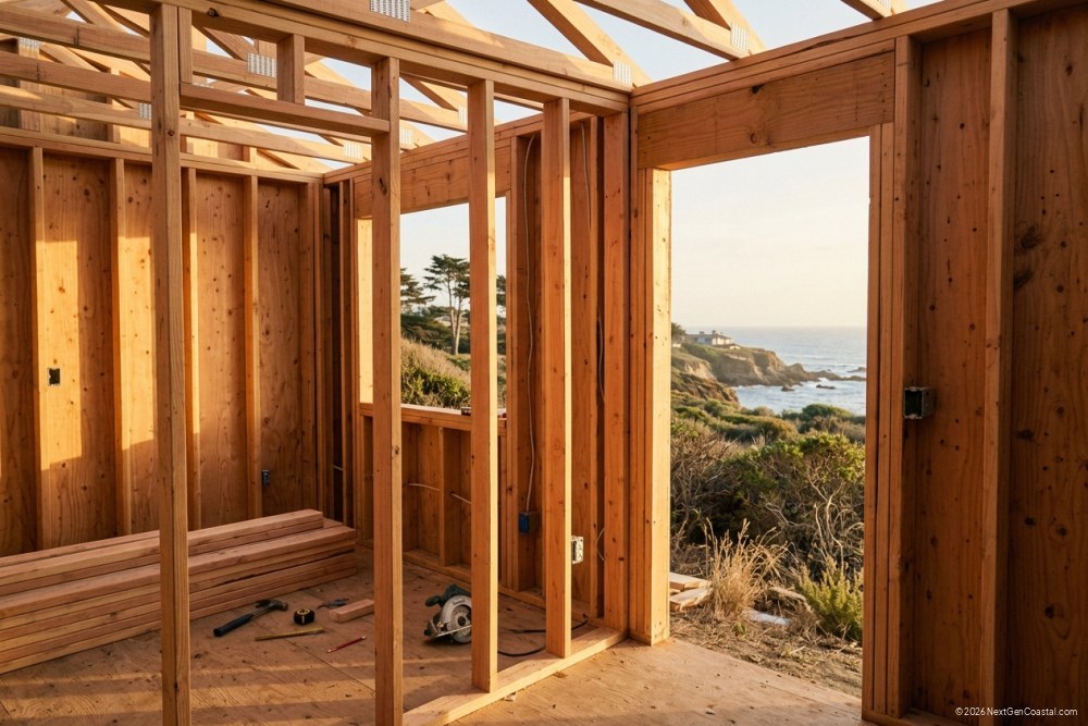 Interior construction-stage photograph of a small accessory dwelling unit: framed walls, exposed studs, natural daylight pouring through a doorway, wood subfloor, neutral palette, no construction signage, no text.