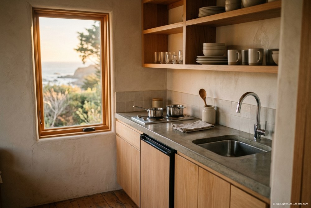 Tight interior view of a compact JADU efficiency kitchen: small countertop with a two-burner cooktop, mini fridge, slim sink, open shelving with unmarked dishware. Soft daylight from a single window, warm pale-wood cabinetry, no brand labels of any kind.