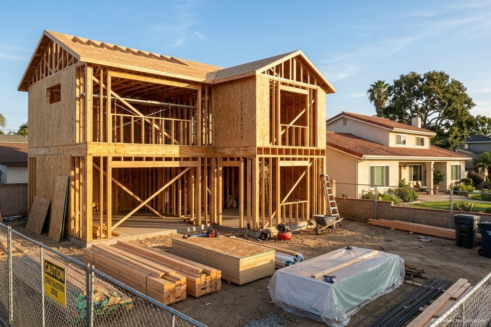 Photorealistic DSLR photograph of an ADU under construction in a Costa Mesa backyard, wood framing complete, roof trusses visible, construction materials stacked neatly, primary home in background, late afternoon light, no workers present