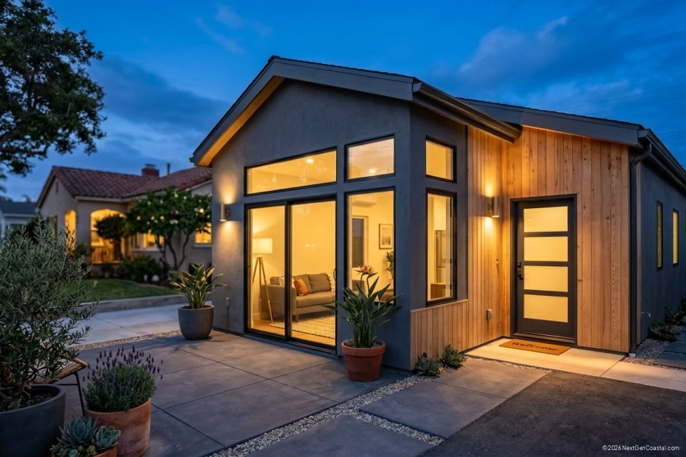 Photorealistic DSLR photograph of a completed modern ADU at dusk, warm interior lights glowing through large windows, contemporary stucco and wood siding, small front patio, primary home visible in background, Costa Mesa residential setting, no people