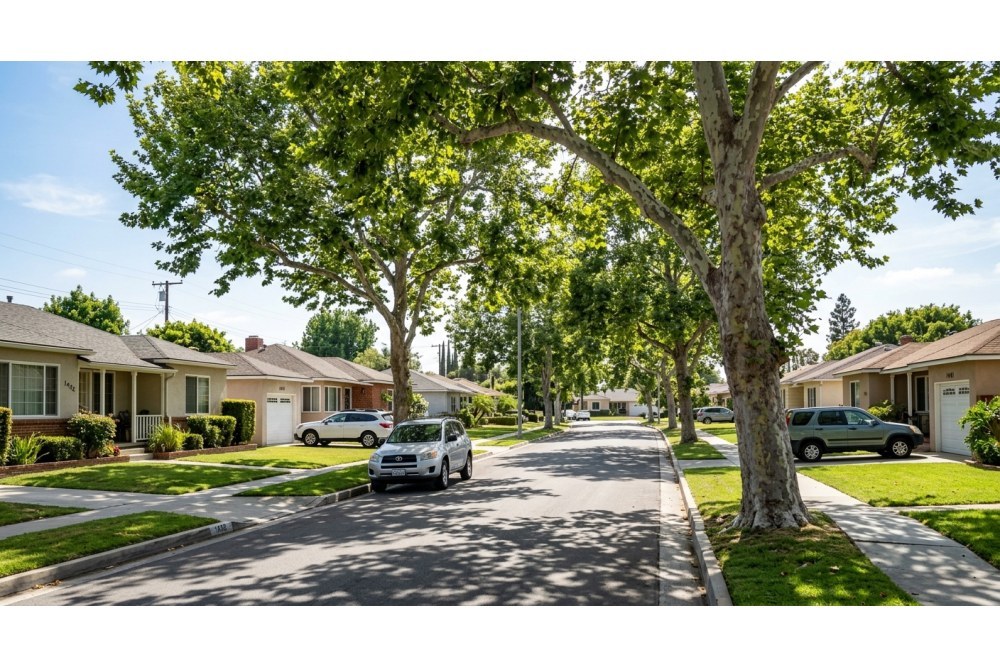 Photorealistic DSLR photograph of a tree-lined Costa Mesa residential street with mid-century ranch homes, narrow driveways, mature sycamores, parked cars along curb, afternoon light, no people