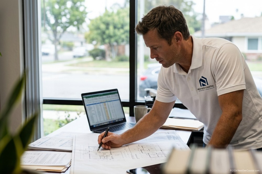 Photorealistic DSLR photograph of a NextGen Coastal property manager in a white collared polo with logo on left chest, leaning over a desk reviewing ADU construction plans, pen in hand, laptop open beside the plans, office setting with window showing Costa Mesa street in background, mid-task candid angle, focused expression, natural office lighting