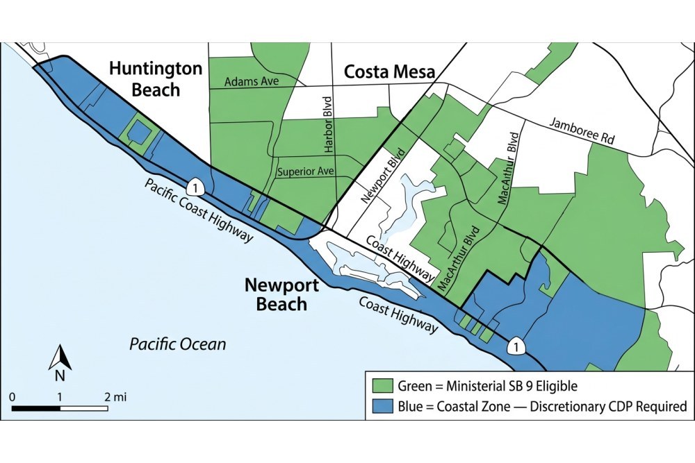 Annotated map of Orange County coastal zone boundary, color-coded zones showing ministerial-eligible inland parcels in green and discretionary coastal parcels in blue, major streets labeled, Newport Beach and Huntington Beach highlighted