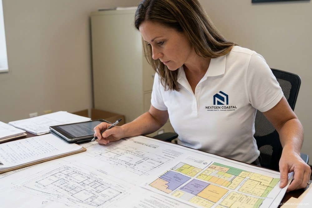 Photorealistic DSLR photograph of a NextGen Coastal property manager in a white collared polo with logo on left chest, leaning over a desk reviewing architectural site plans and zoning maps, mid-task candid angle, natural office lighting, clipboard and tablet visible, focused expression, not looking at camera