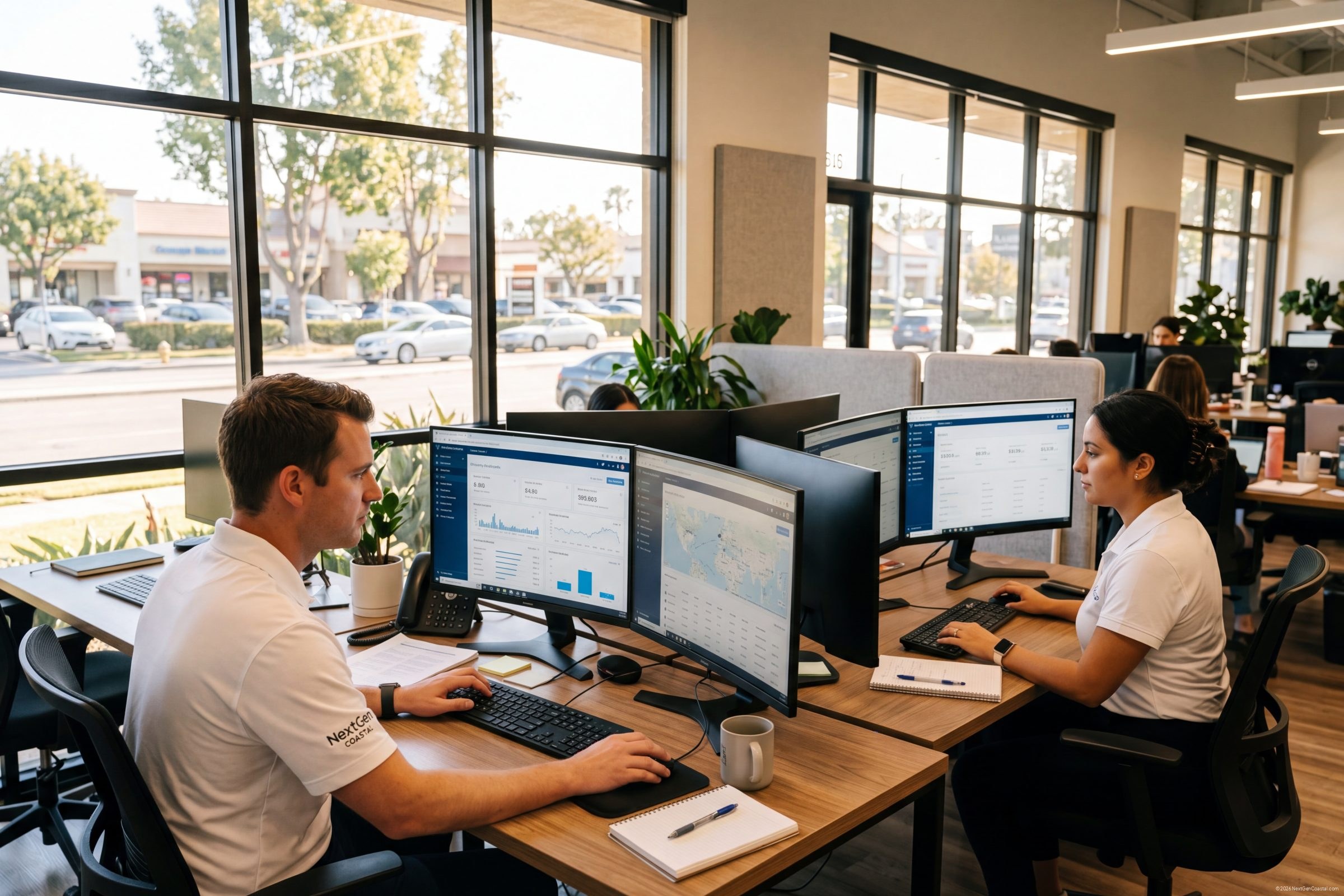 NextGen Coastal operations team at their desks reviewing property dashboards on dual monitors