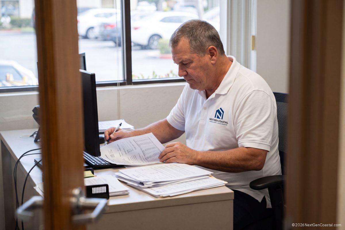 NextGen Coastal property manager reviewing a three-day notice and lease at a Costa Mesa office desk