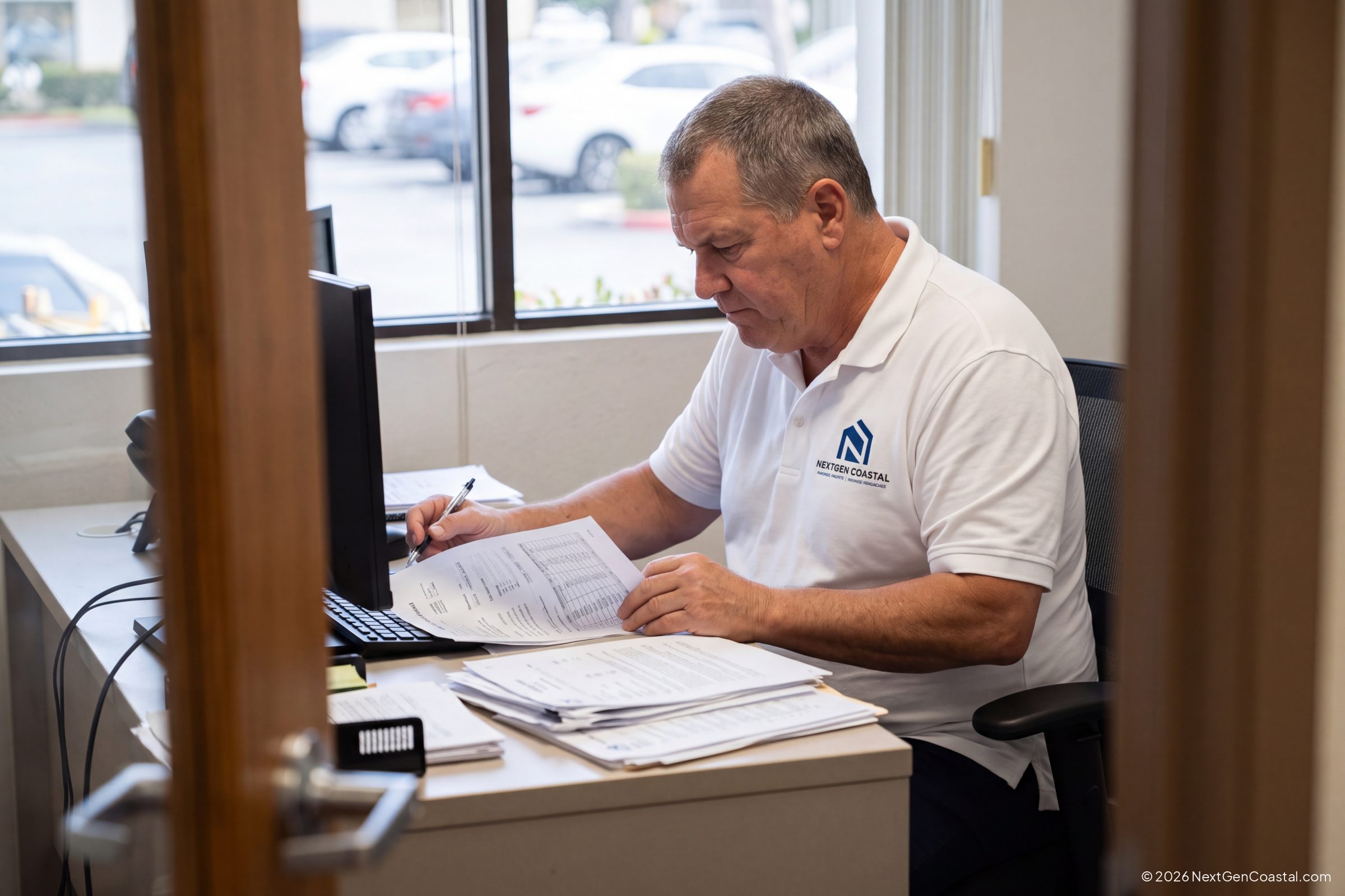 NextGen Coastal property manager reviewing a three-day notice and lease at a Costa Mesa office desk