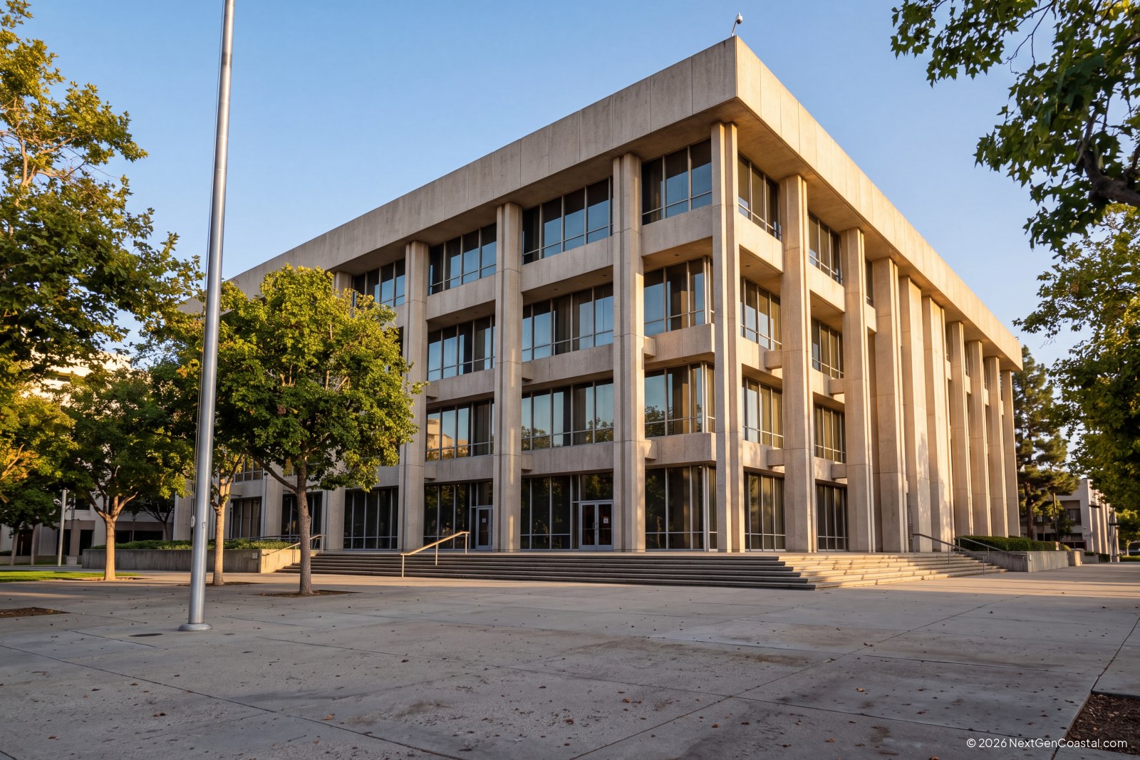 Mid-century county courthouse building exterior in downtown Santa Ana, California
