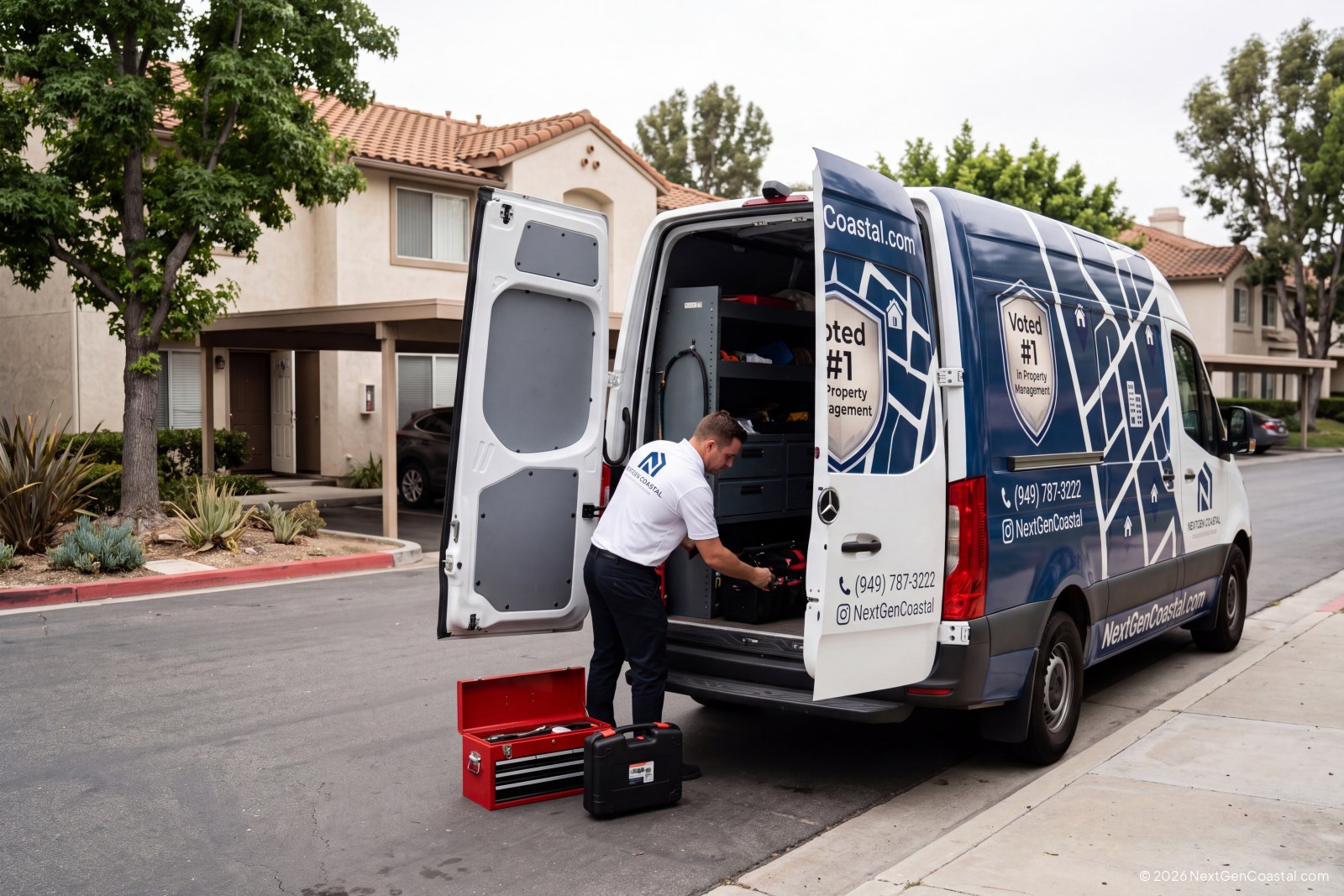 NextGen Coastal service van parked at a garden-style apartment complex in Irvine on turnover day