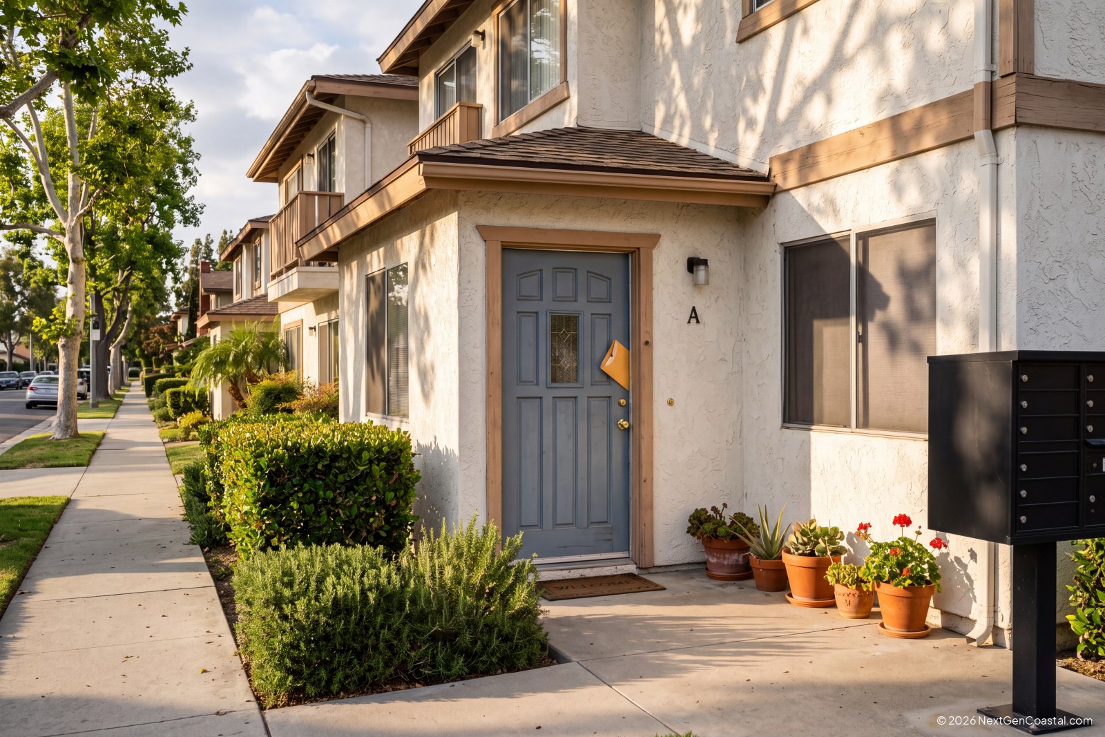 Front door of a stucco fourplex rental unit on a suburban Orange County street