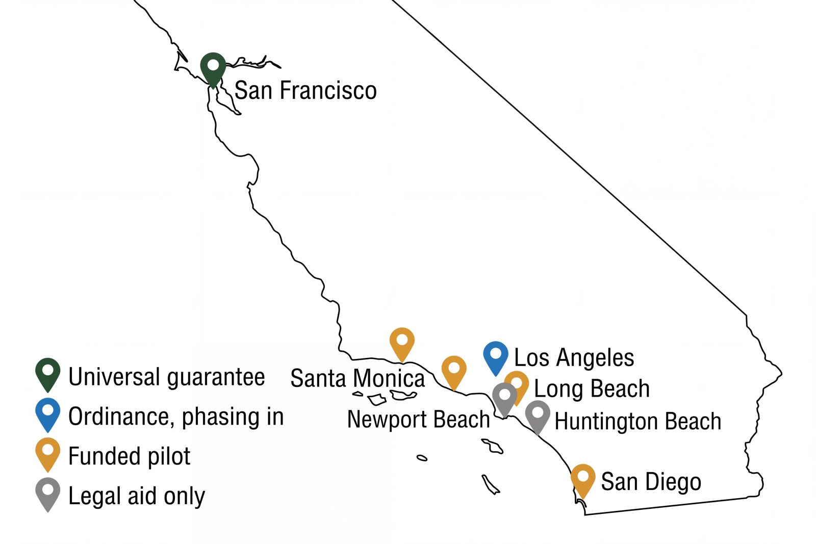 Map diagram of California coastal jurisdictions with tenant right to counsel programs