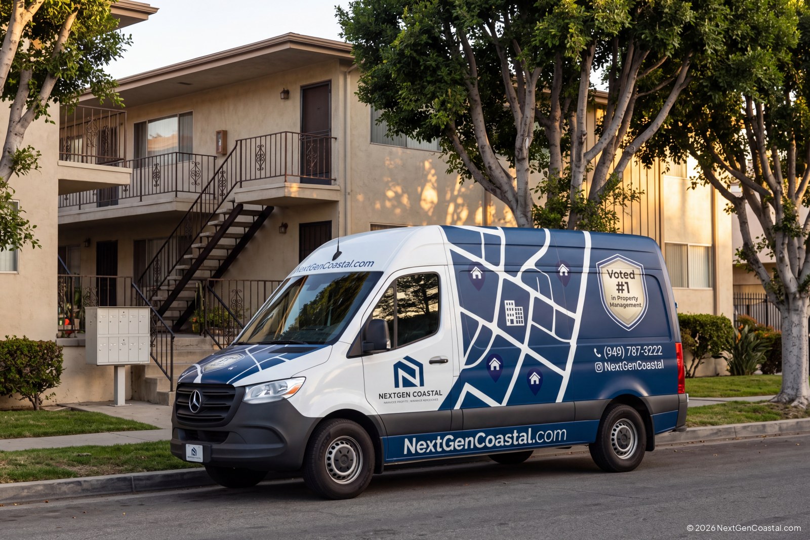 NextGen Coastal service van parked outside a garden-style apartment complex in a Southern California valley neighborhood