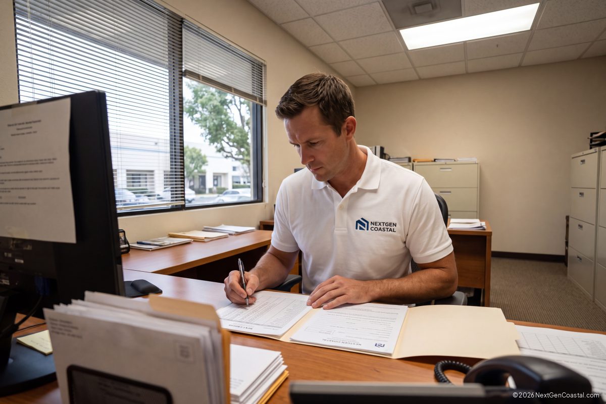 Property manager reviewing unlawful detainer paperwork at an office desk in Southern California