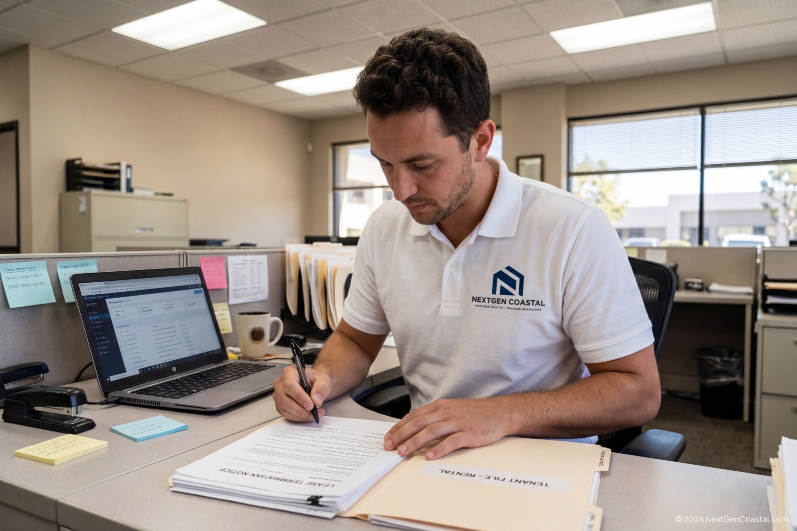 NextGen Coastal property manager reviewing a lease-termination notice after the leaseholder moved into assisted living