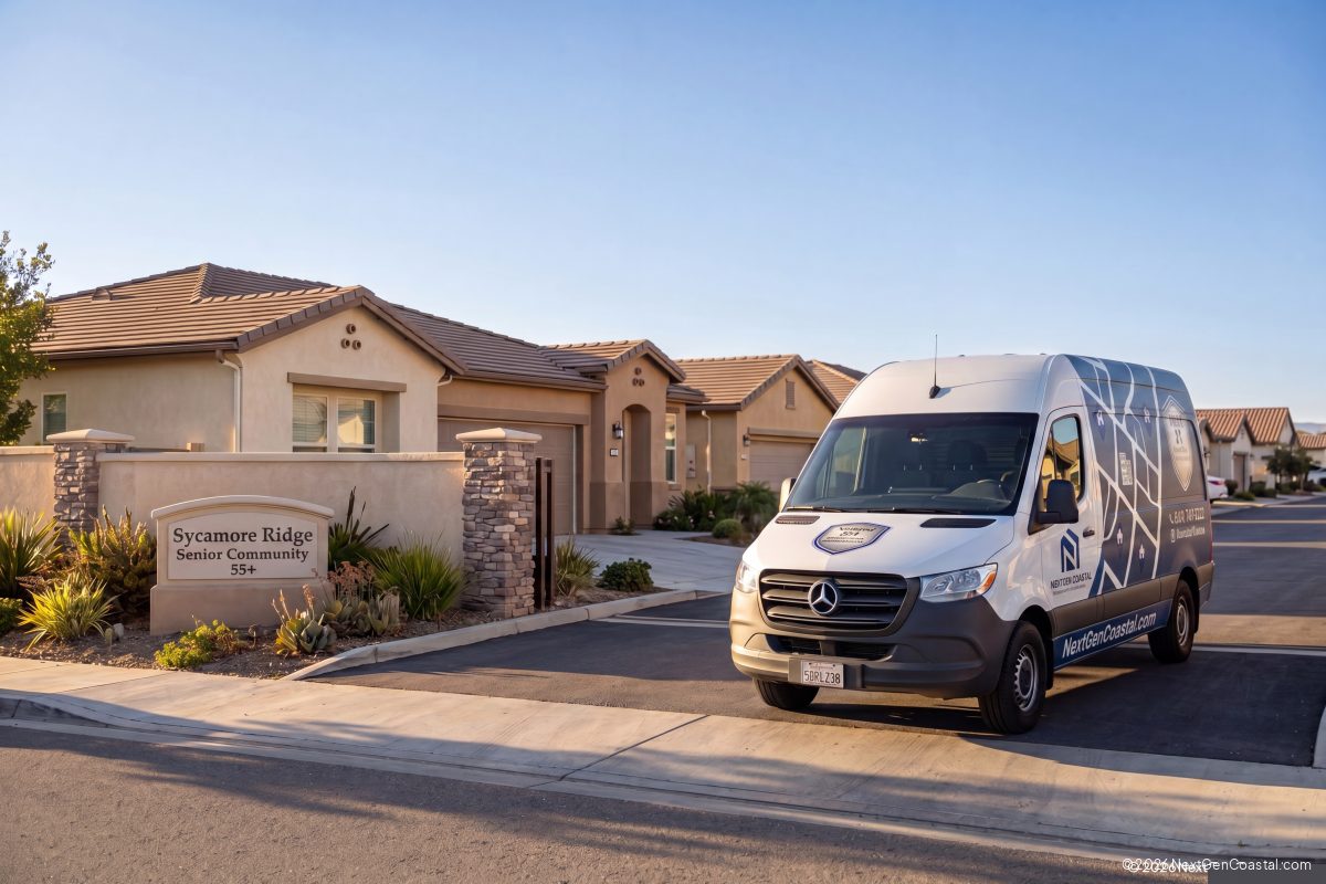 White NextGen Coastal service van parked outside a single-story senior housing community in Murrieta California