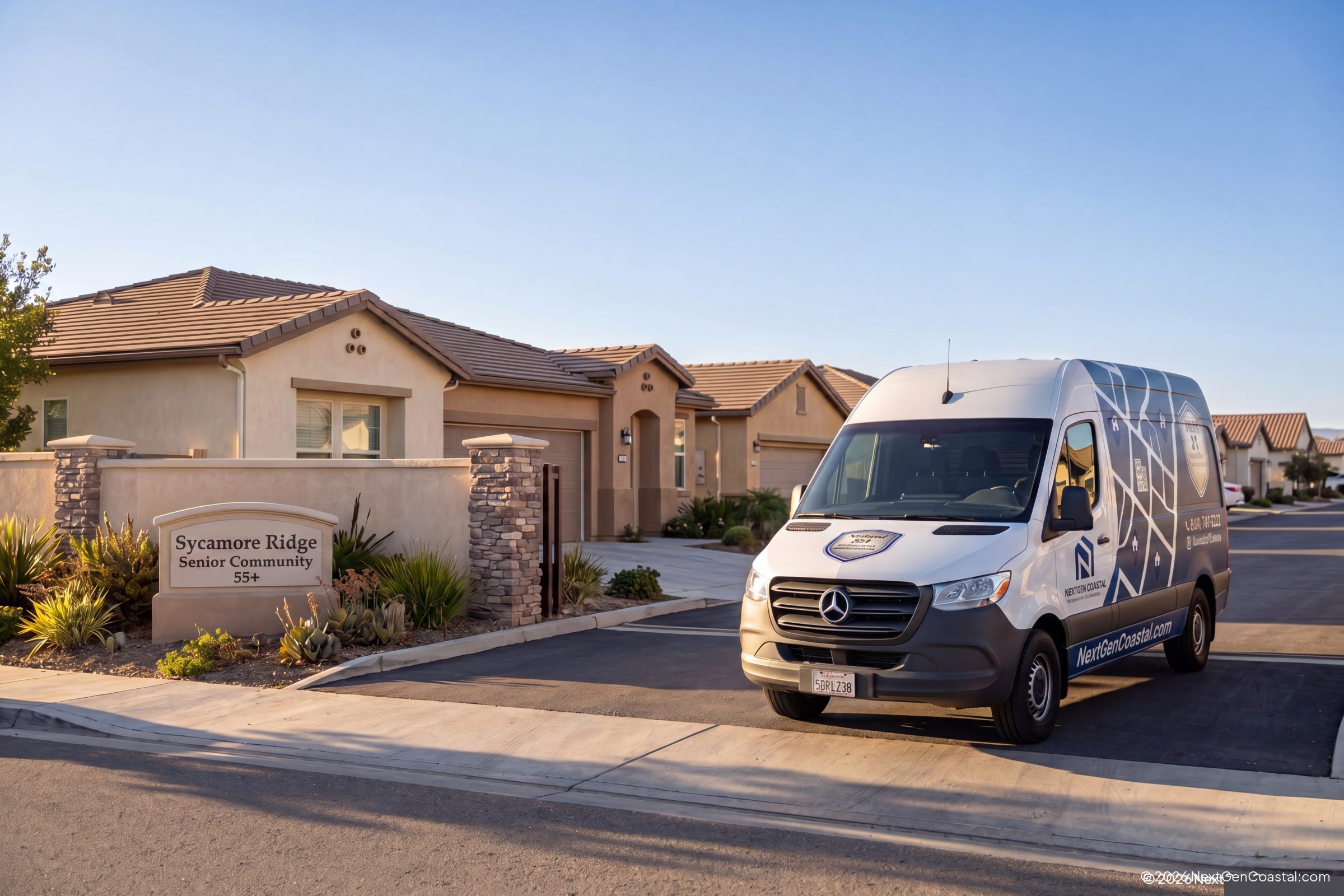 White NextGen Coastal service van parked outside a single-story senior housing community in Murrieta California