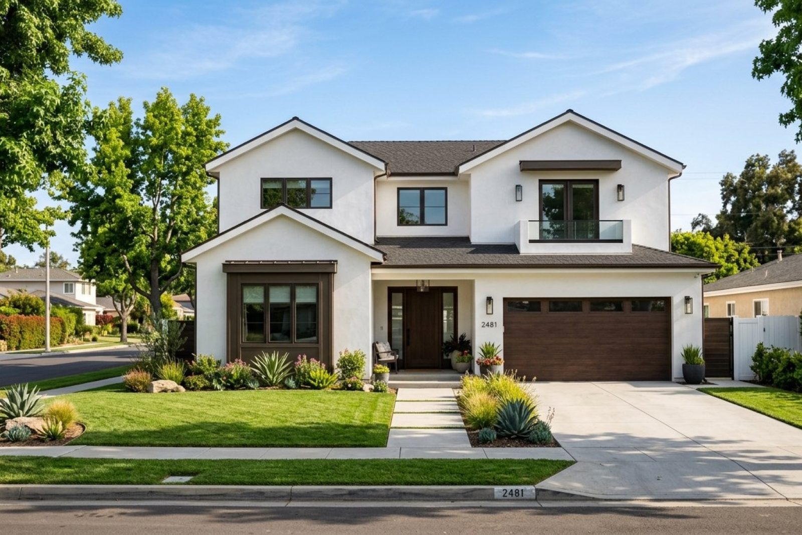 Photorealistic DSLR photograph of a modern two-story coastal California single-family home on a tree-lined residential street in Orange County, white stucco exterior with dark trim, manicured front lawn, driveway with no cars, clear afternoon light, no ocean visible, suburban neighborhood context