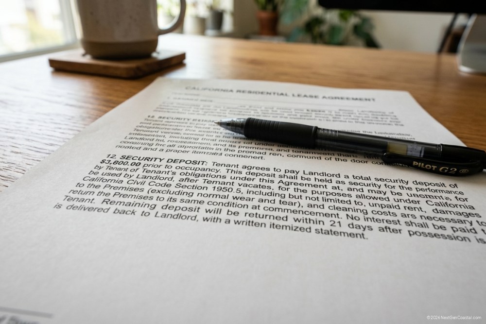 Close-up of California residential lease agreement document with security deposit clause highlighted, pen resting on paper, desk surface, natural office lighting