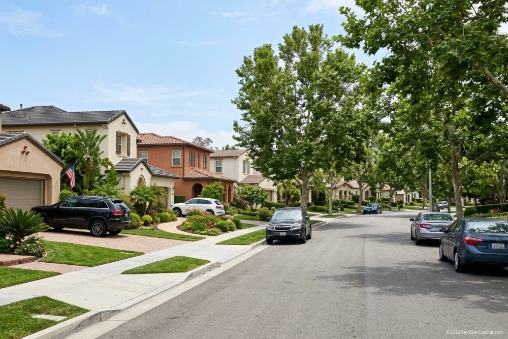 Tree-lined residential street in coastal California with single-family homes, manicured lawns, no ocean visible, suburban Orange County neighborhood