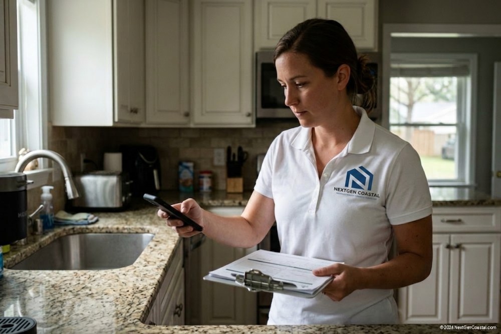 NextGen Coastal property manager in white polo conducting interior unit inspection, holding clipboard and smartphone, photographing kitchen countertop condition, natural indoor lighting, candid mid-task angle