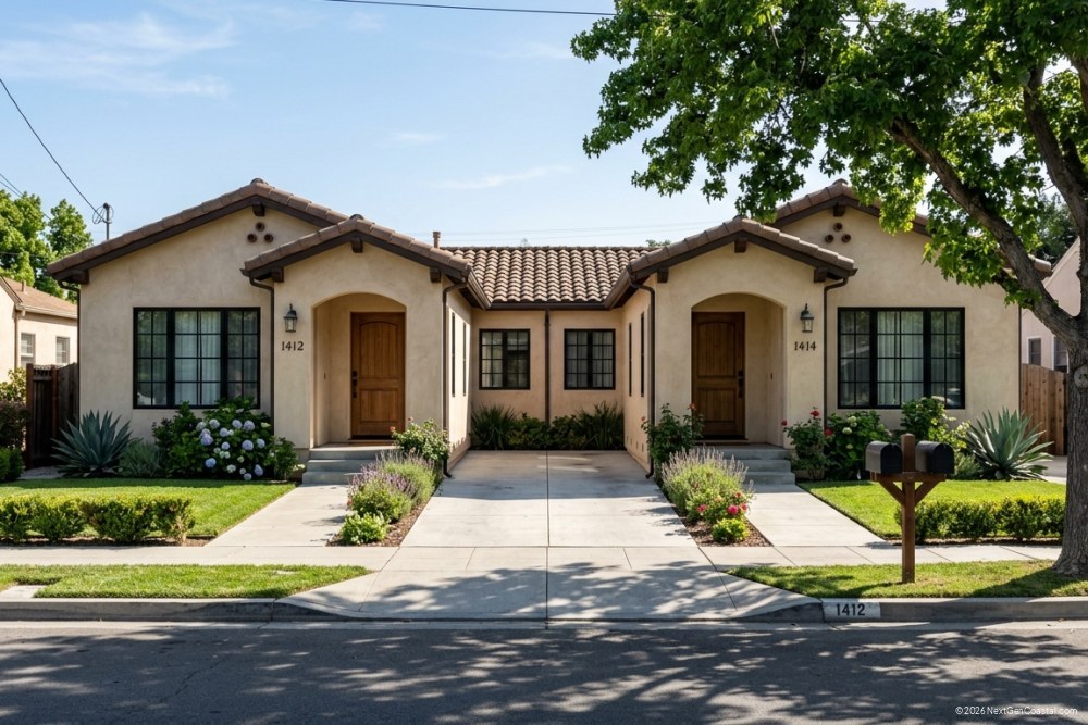 Suburban California duplex residential property, two-unit building, stucco exterior, shared driveway, tree-lined street, no ocean visible, clear daylight