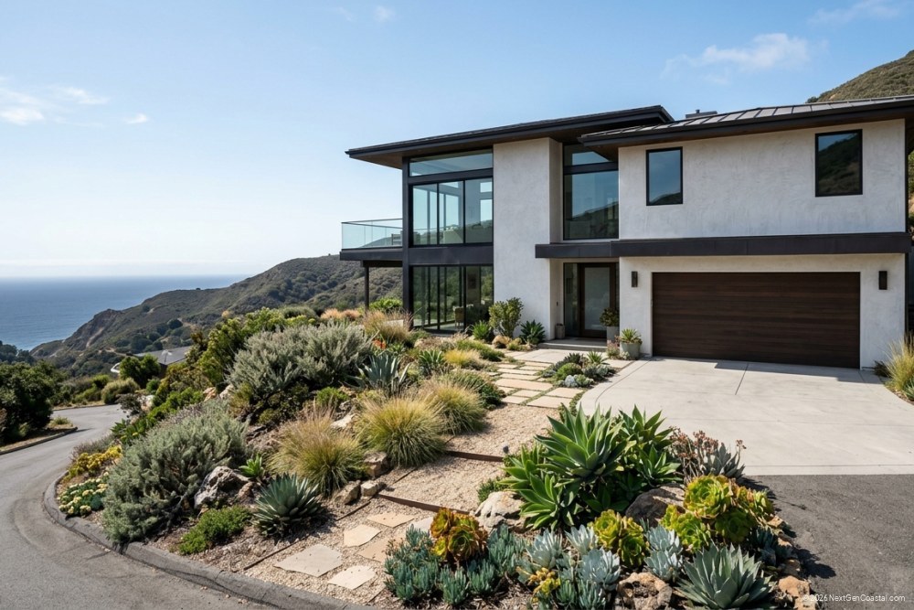 Modern hillside home in coastal California with partial ocean view in distance, drought-tolerant landscaping, and two-car garage