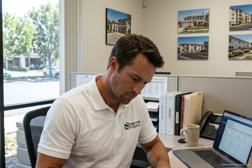 NextGen Coastal property manager in white polo reviewing lease documents at desk with laptop and file folders