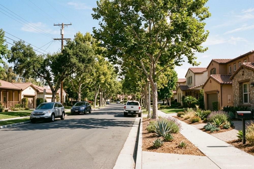 Tree-lined residential street in Orange County with single-family homes, manicured lawns, and parked cars under afternoon sun