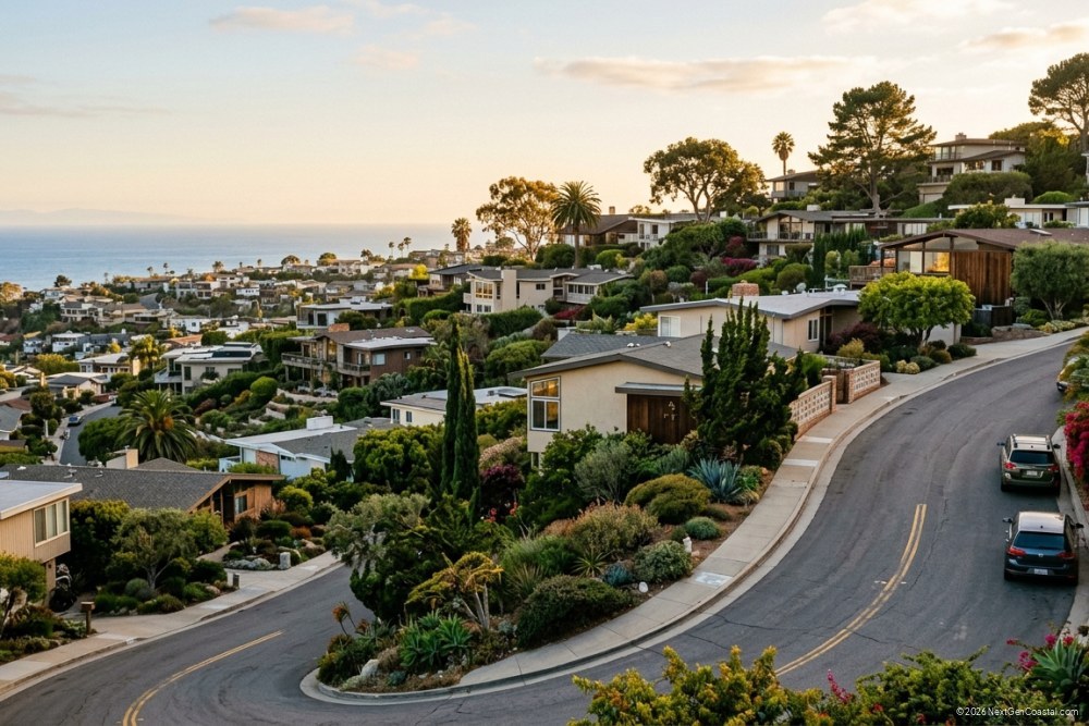 Photorealistic DSLR photograph of a coastal California hillside neighborhood, mid-century and contemporary homes on sloped lots, partial distant ocean view on the horizon, winding residential street, mature landscaping, late afternoon golden light, no visible beach or shoreline, typical coastal-adjacent setting