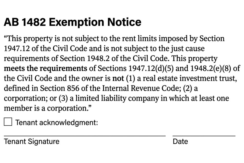 Clean technical illustration of a single-family-home lease addendum page, white background, bold heading reading AB 1482 Exemption Notice, exact statutory language in quotation marks, checkbox and signature line at bottom, simple black-and-white line art, no photographs
